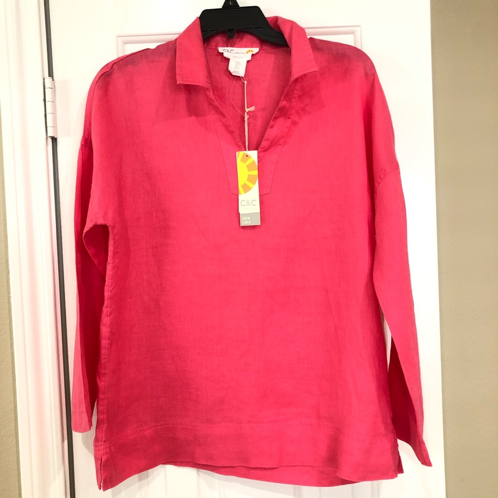 C&C California 100% Linen Pink Tunic Top / Blouse S